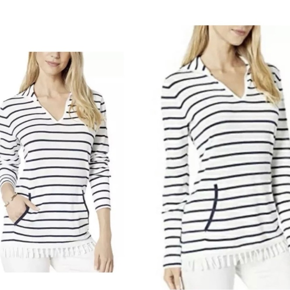 Lilly Pulitzer Crestwood V Neck Fringe Detail Sweater Navy Blue White Size Large